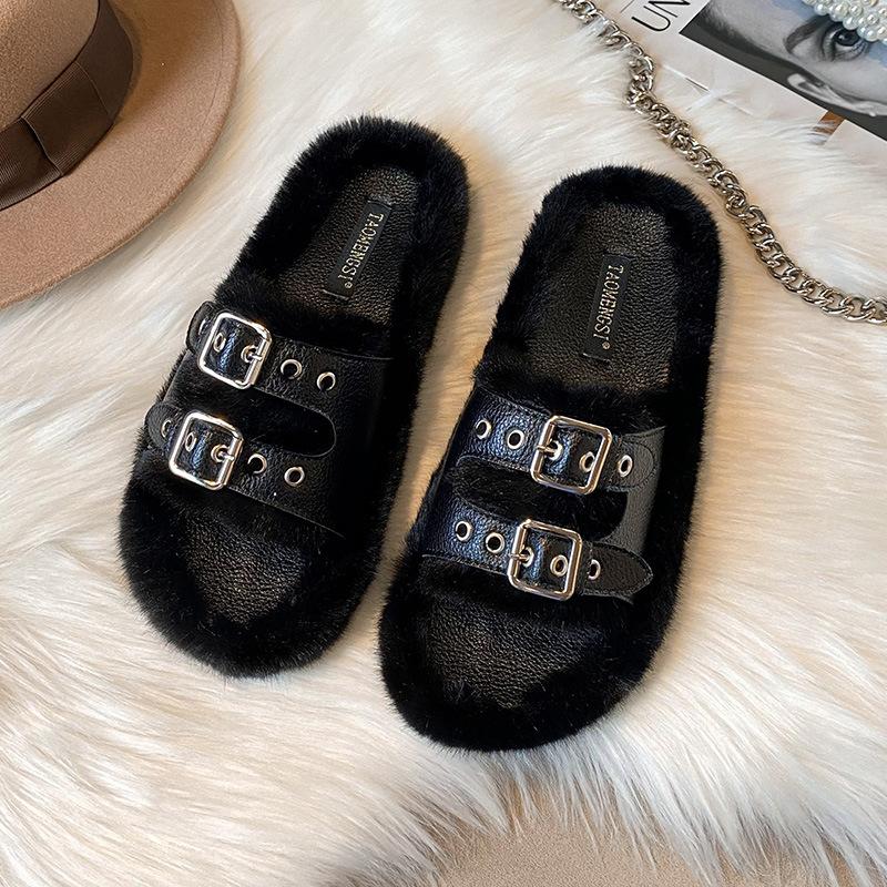 

TX-4 Двубортные на плоской подошве домашние с толстой подошвой пушистая верхняя одежда пушистые тапочки женские осень и зима~ 42 чёрный