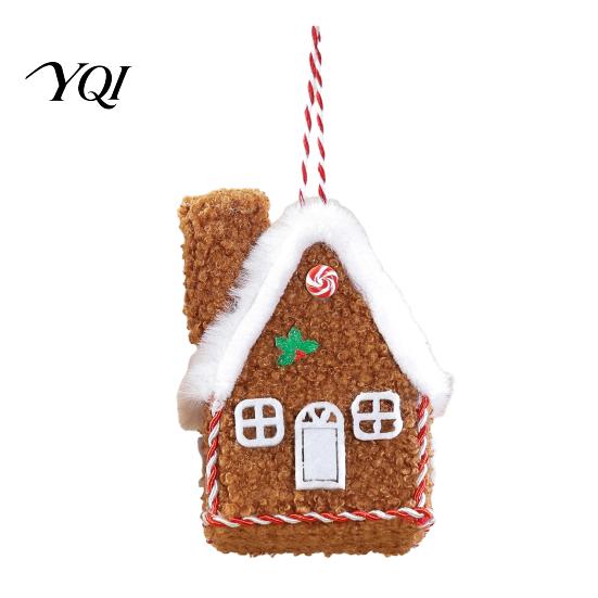 Miniature Cabin Tabletop Decor Plush Christmas House Hanging Ornament, Fabric Gingerbread Pendant with Reusable Festive Scene Accessory Rope,