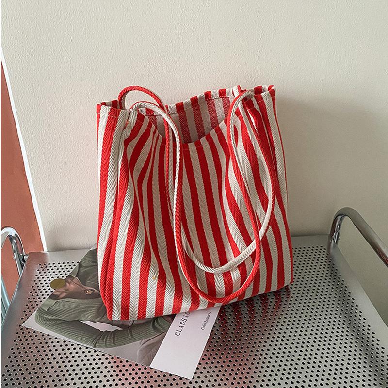 Large Capacity Striped Tote Bag Korean Retro Minimalist Nylon Shoulder Bag for Women Shopping