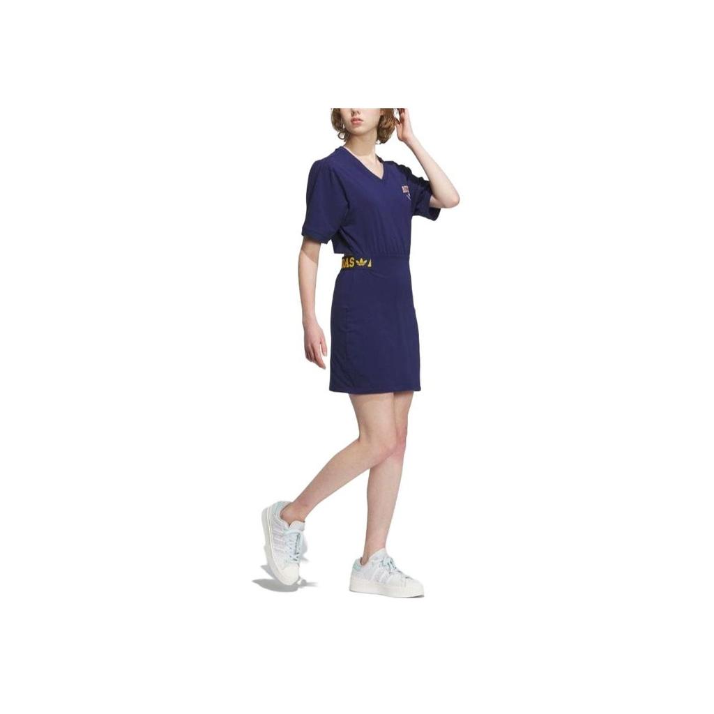 adidas Originals Letter V-Neck Short Dress Women Dress Blue IU4772