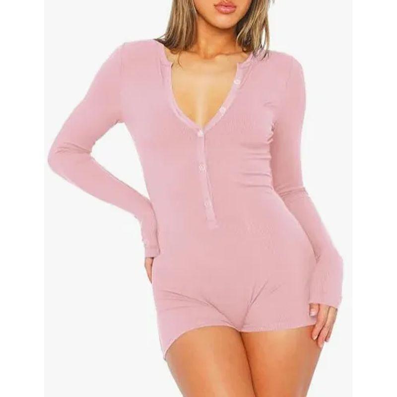 Amazon 2024 European and American Autumn New Women's Tight One-Piece Shorts Casual Button Cotton Top Long sleeve V-neck