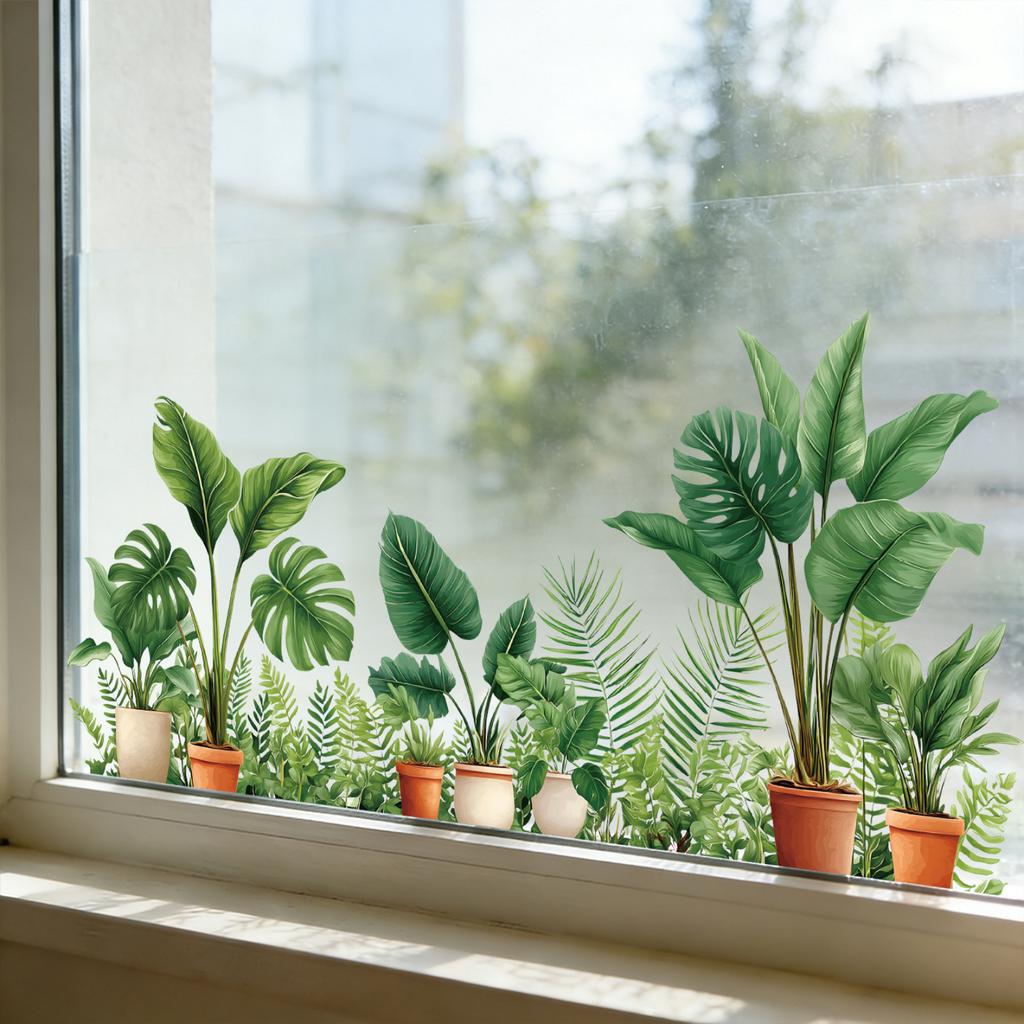 Potted Plant Window Clings, Colorful Flower Static Cling Decals for Home Window Decor
