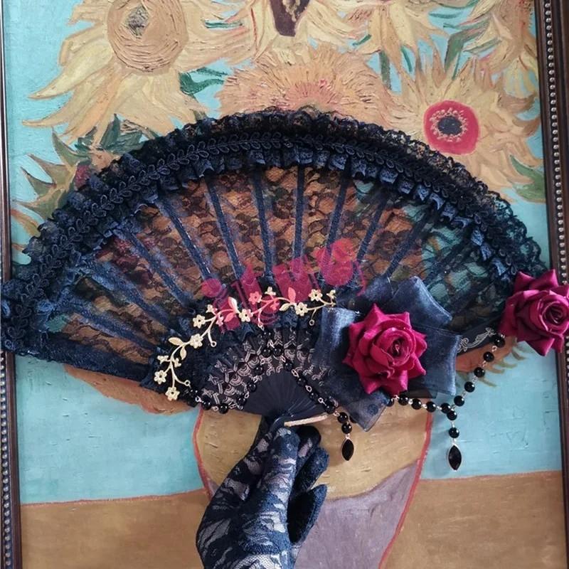 Lolita Cosplay Hand Held Fan Gothic Angel Wing Feather Rose Bead Chain Lace Flower Black Folding Fan Dance Photo Props Halloween