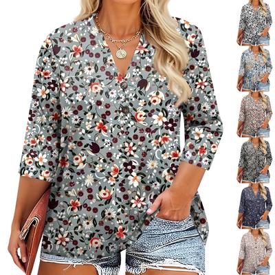 Plus Size Women's Fashion Casual Vintage Print V-Neck 3/4 Sleeve Button T-Shirt Top