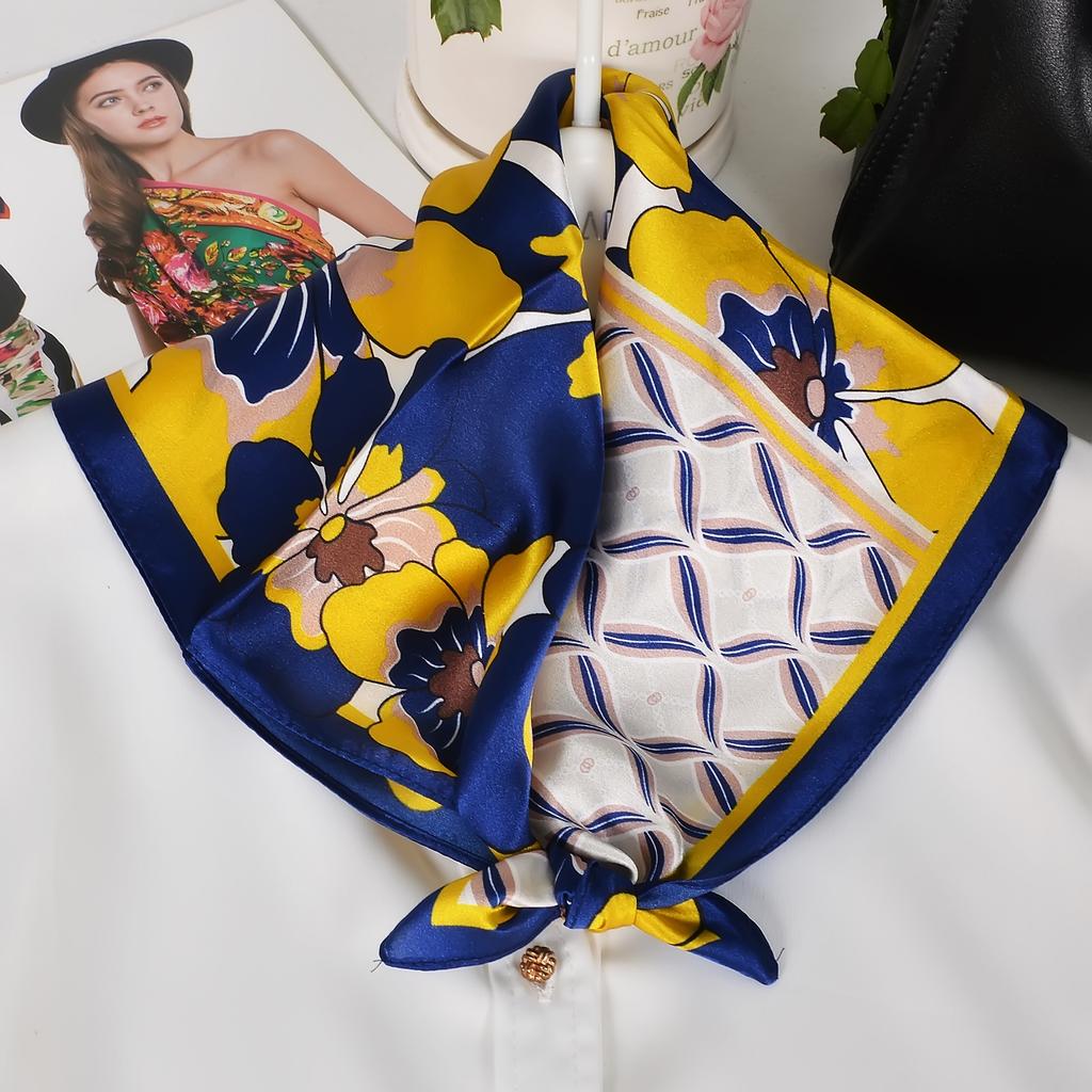[BYSIFA] Blue Yellow Women Fashion Plaid Pattern 100% Silk Scarf Small Square Scarves Elegant Floral Ladies Hair Accessories