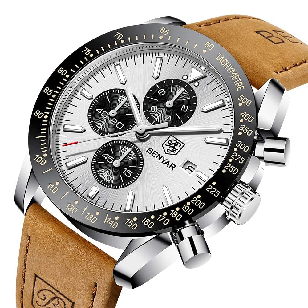 BY BENYAR Chronograph Analog 30M Water Leather Strap Quartz Brown and Perfect Gift for Men Men's Watch, Resistant, Simple, Stylish, Popular, Formal,