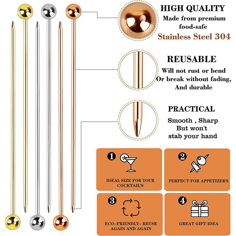 12Pcs Stainless Steel Cocktail Picks for Drinks Martini Olive Bloody Mary Bar Toothpicks Drink Garnish Appetizer Fruit Skewers
