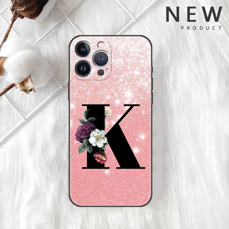 Letter A B C Flowers Pink Case For Apple iPhone 11 15 13 14 Pro Max 12 Plus X 15Pro Black Silicone Phone Coque