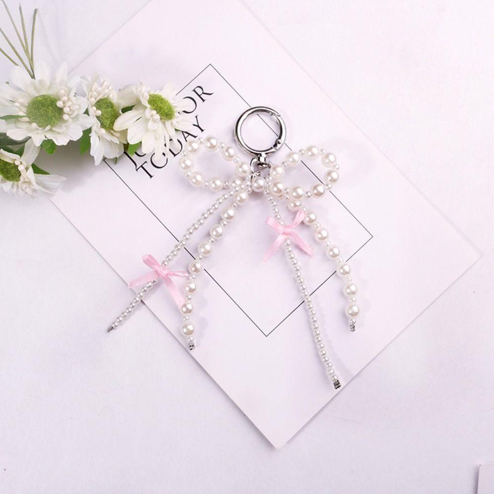 Sweet Bowknot Keychain Pearl Beads Bag Charm Fashion Ribbon Key Chain