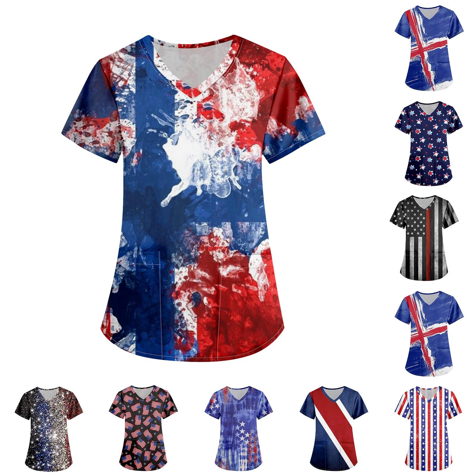 

Женская униформа с принтом на День независимости, рабочая униформа, защитная рабочая форма с карманом и v-образным вырезом