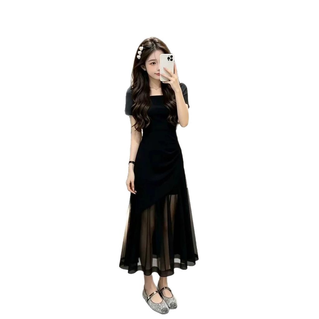 Early Summer Unique and Beautiful Black Mesh Short-sleeved Dress Children's Summer 2026 New French Square Collar Waist Dress