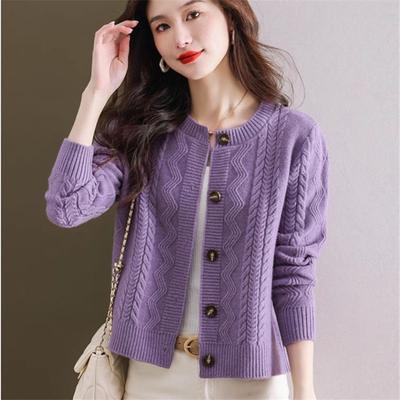 Round Neck Wool Cardigan Coat Women's Fried Dough Twists Temperament Knitwear Sweater Short Autumn and Winter