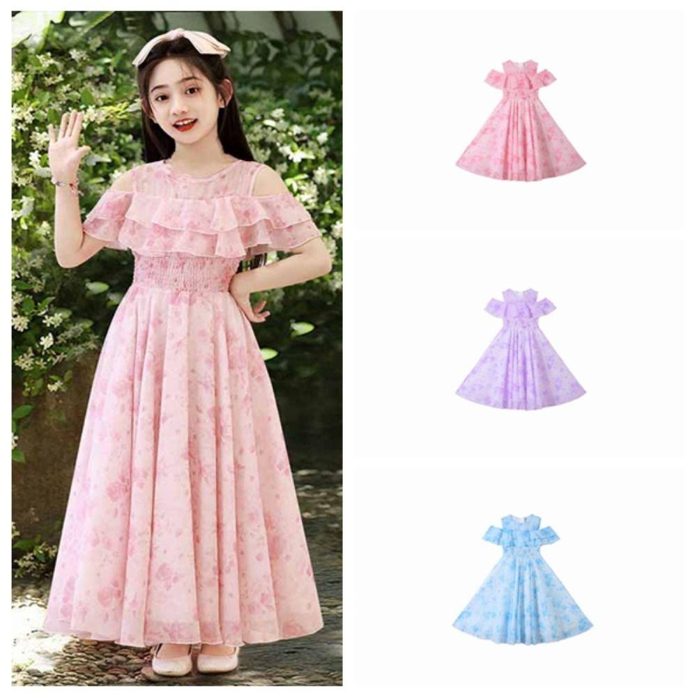 Loose Girls Chiffon Floral Dress Teenagers Children Princess Dress Summer Kids Dresses  Holiday