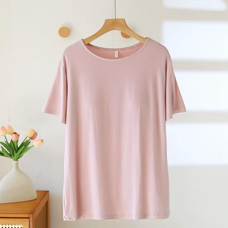 Women O-neck T-shirt with Built-in Bra Casual Solid Color Short Sleeve Top
