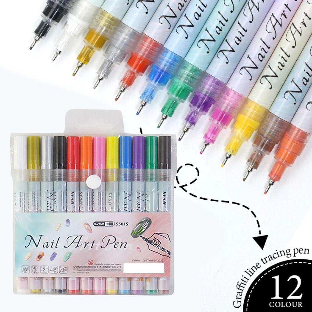DIY 12 Colors Nail Art Graffiti Pen Set 0.7mm Quick Dry Painting Marker Pen Waterproof Nail Polish Pens