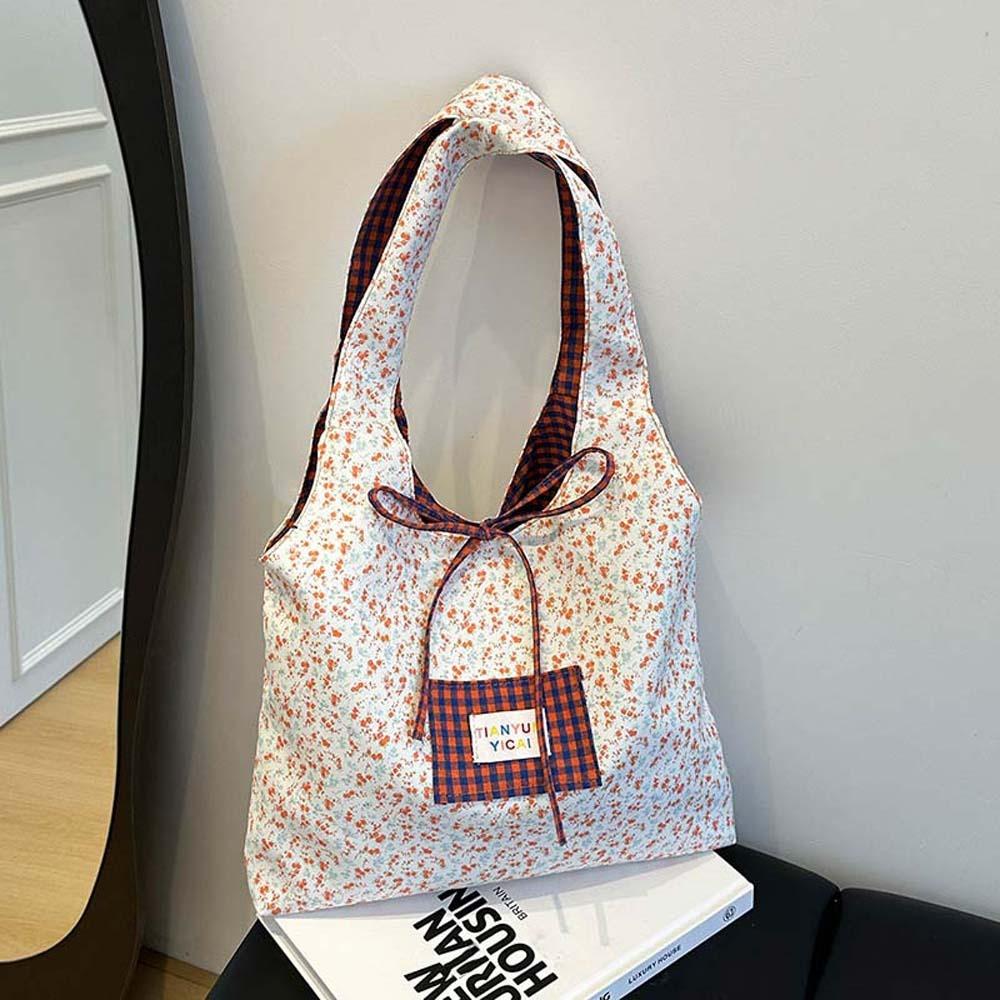 Contrast Color Double-sided Shoulder Pouch Lattice Tote Bag Casual Plaid Cloth Vest Pouch  Storage