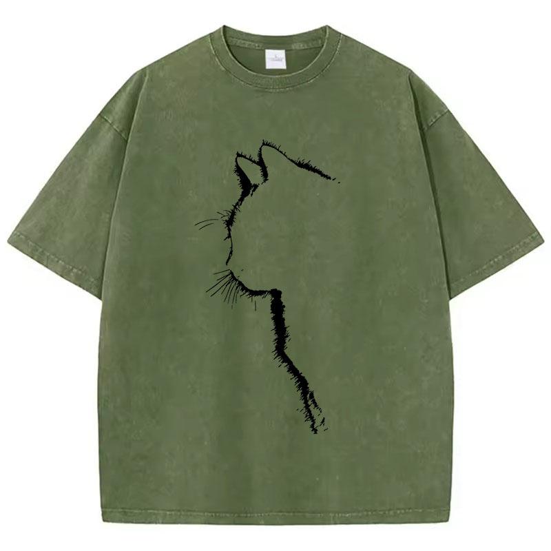 T Shirt Vintage Washed Cotton T-Shirt Retro Cat Graphic Tee Casual Streetwear for Spring Summer Top Tee