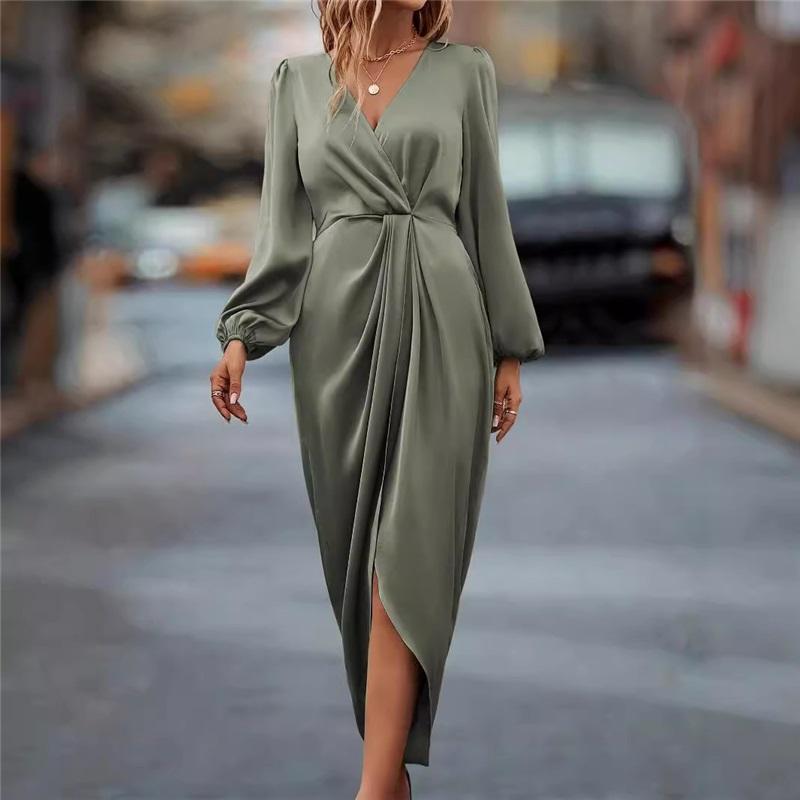 Elegant Cross-split Puff Sleeve Irregular Long-sleeved Dress For Women's Fashion Dress