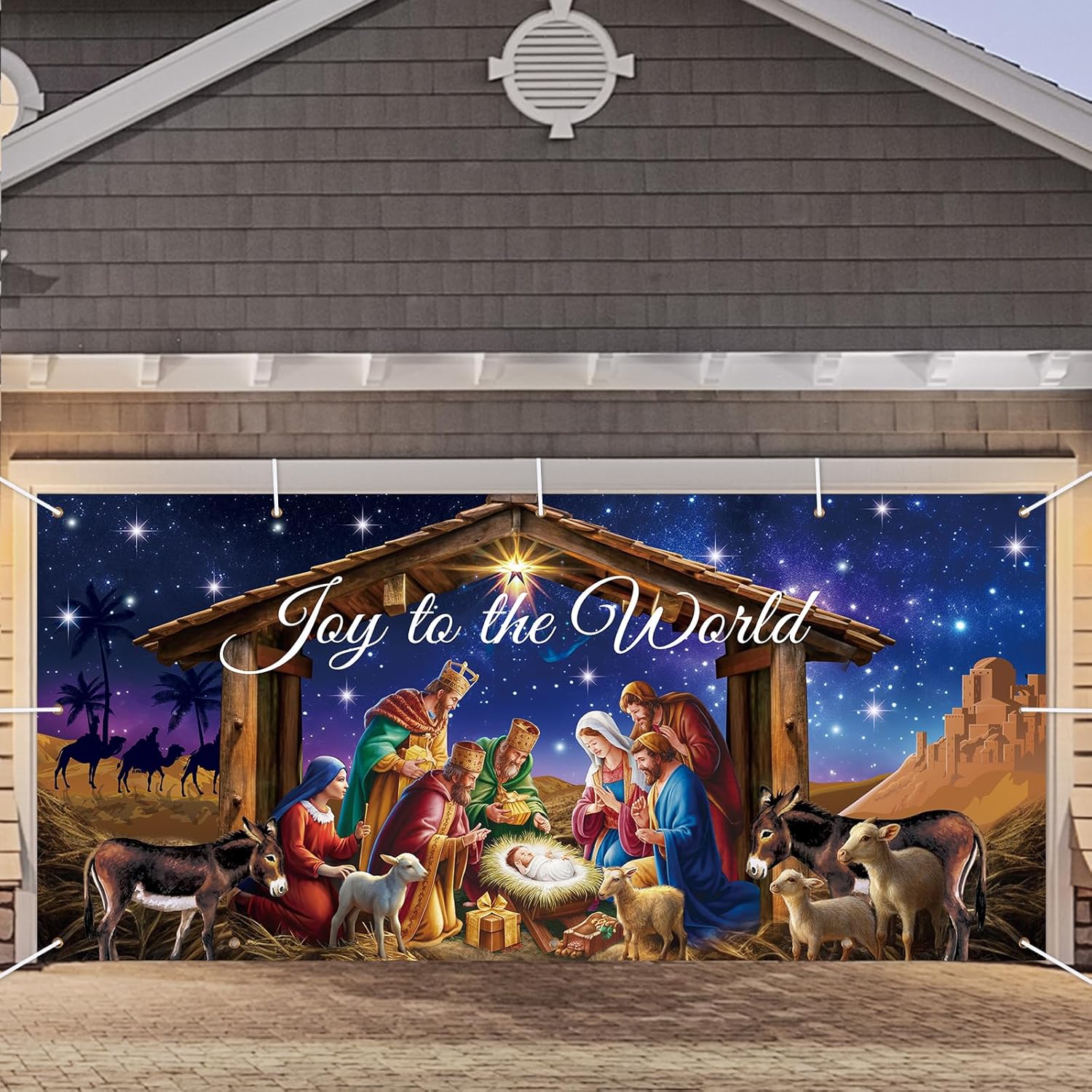 One Christmas garage door casing decoration, a banner with a background of the Nativity scene, Christmas decoration 130x150cm