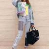 Autumn Woman Chic Oversized Denim Jacket Hit Color Print Patchwork Designer Jean Outerwear Lapel Collar Long Sleeve Loose Streetwear Style Cowboy Coat
