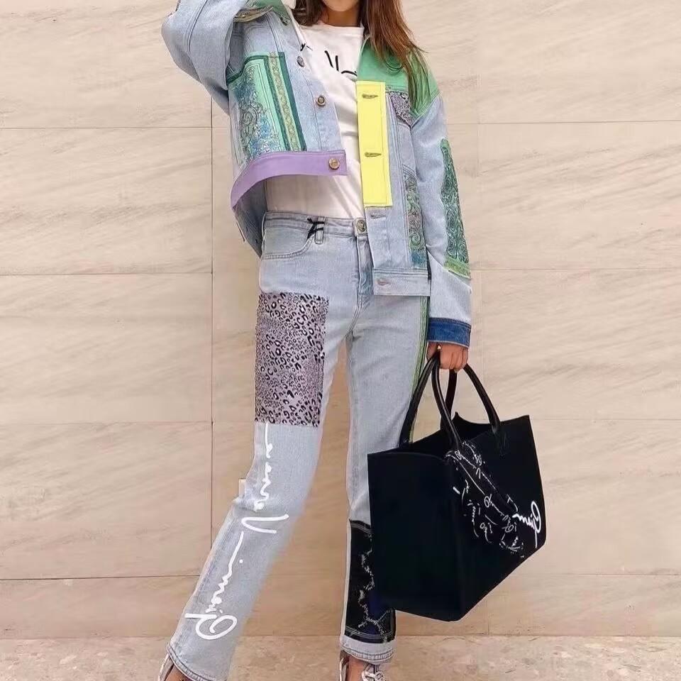 Autumn Woman Chic Oversized Denim Jacket Hit Color Print Patchwork Designer Jean Outerwear Lapel Collar Long Sleeve Loose Streetwear Style Cowboy Coat