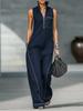 Europäischer & Amerikanischer Damen-Ärmelloser Jumpsuit mit Stehkragen aus Baumwolle und Leinen