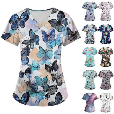 Plus SizePrinted Scrub Working Uniform Tops For Women's Cross V-Neck Halloween Print Short Sleeve Fun T-Shirts Workwear Tee With Pockets