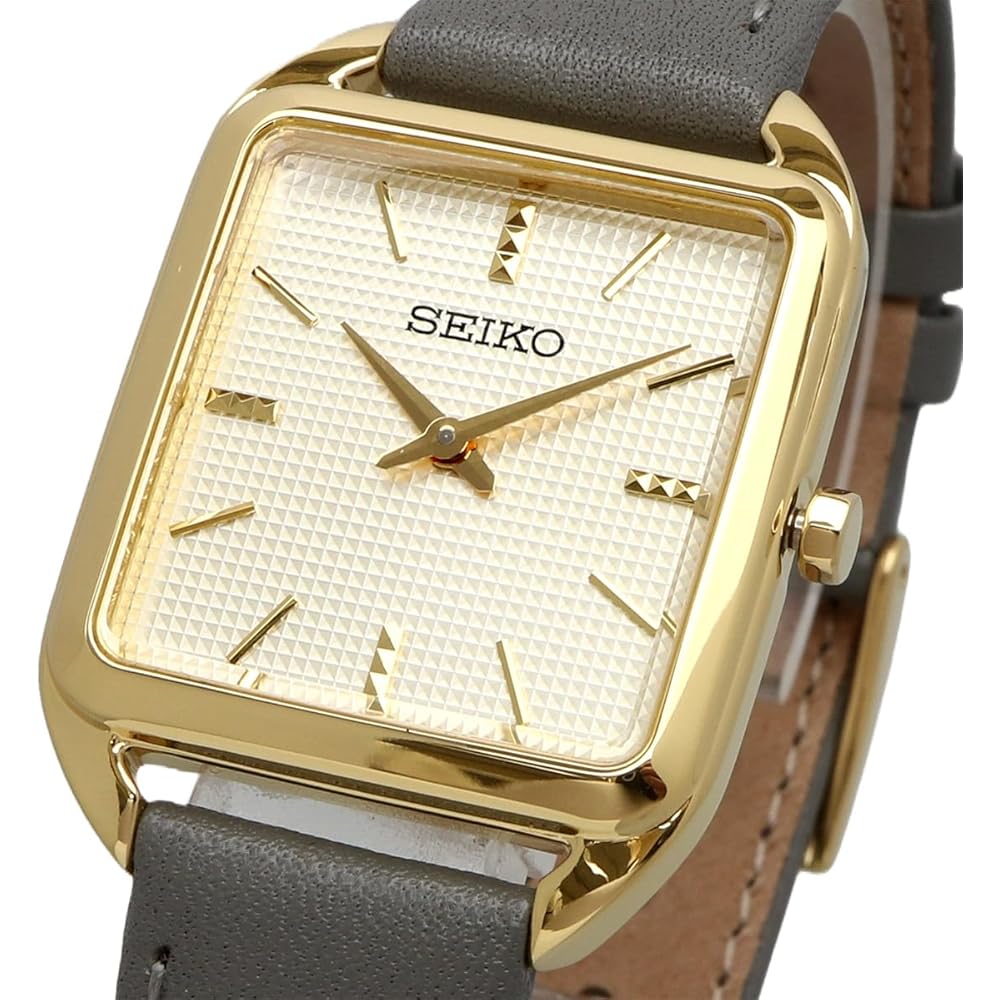 Seiko SWR090P1 Quartz Women's Square Design Watch Gold Gray Leather Band