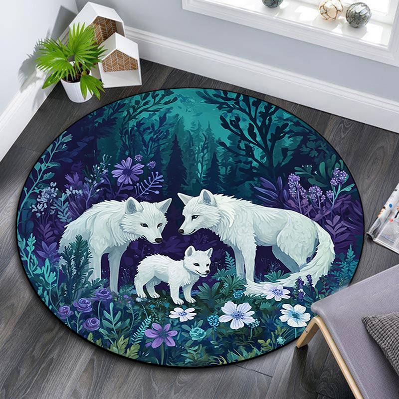 Wolf Family Round Area Rug,Carpet Rug for Living Room Bedroom Sofa Playroom Decor,Non-slip Floor Mat