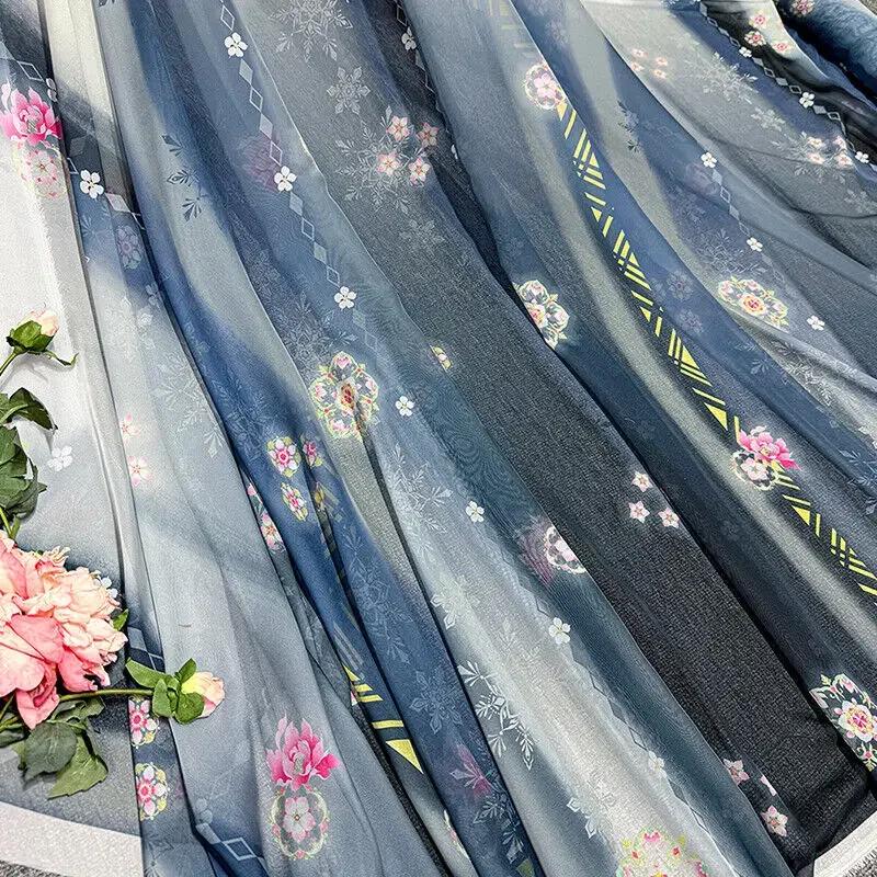 Gradient Color Chiffon Fabric Diy Rainbow Christmas Flowers Print for Hanfu Dress Skirt Shirt Sewing Cloth Sold By The Meter