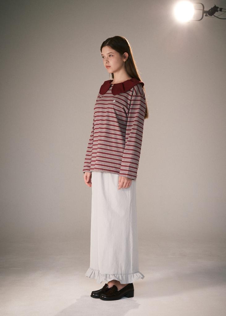 Pibeuseupibeuseu Stripe Big Collar Jersey Top / Burgundy