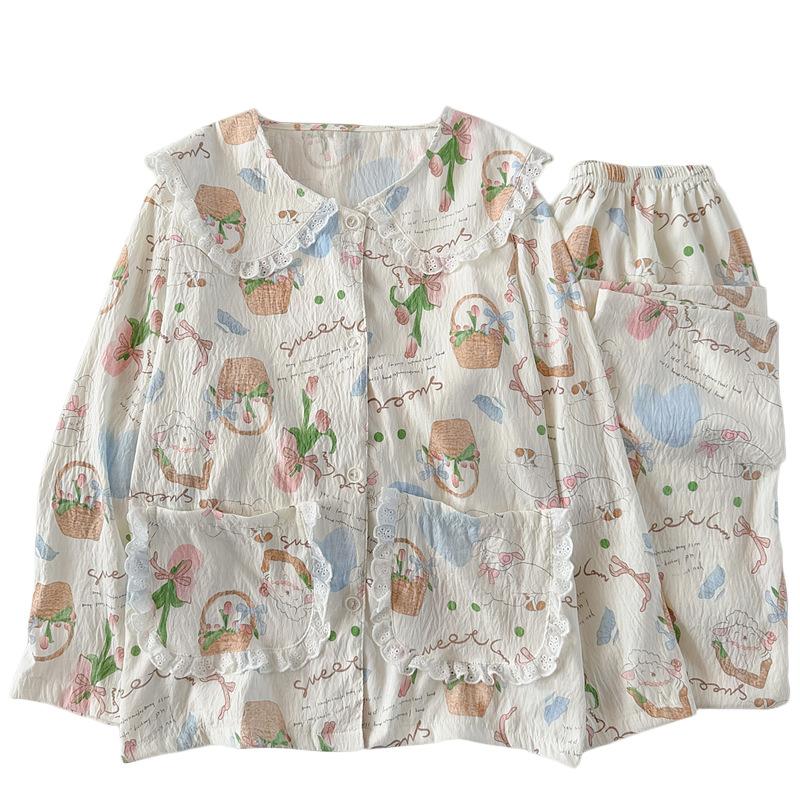 Idyllic Clouds Cotton Edge Princess Collar Pajamas Women'S Long Sleeves Trousers Homewear