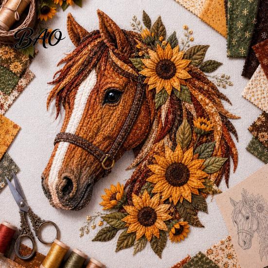Artistic Fabric Applique Set Floral Horse Patchwork Kit, DIY Diy Kit Sewing for Adults, Handmade Wall Decor Decorative Collage
