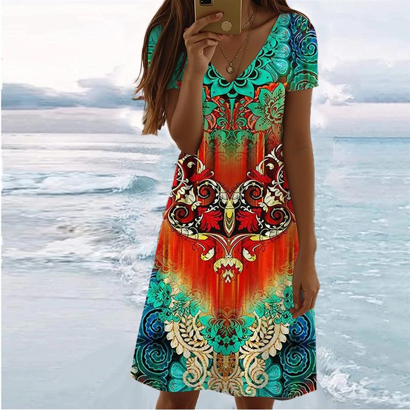 Summer Fashion Women's V Neck Short Sleeve Colorful Printed Dress Sex Short Skirt Dresses