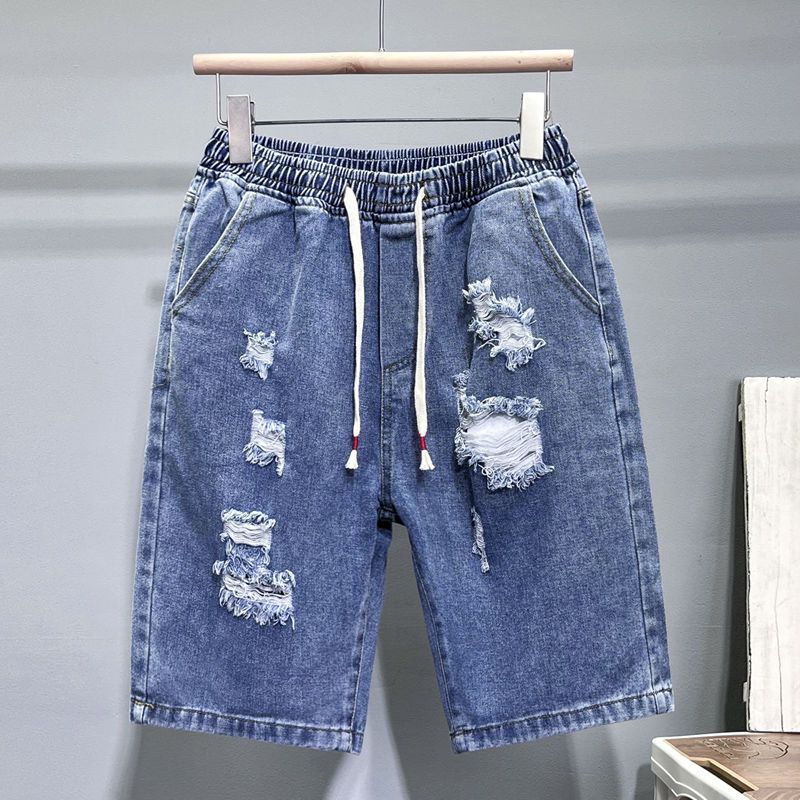 Herren Jeansshorts Dünne Abschnitt Loch Bettler Shorts Sommer Trend Locker Gerade Atmungsaktiv Zuhause Strand Outdoor Fünf-Punkt Lässige Shorts