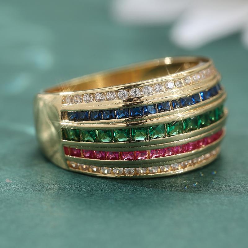 Sparkling Synthetic Multi Color Zircon Wide Rings For Women Vintage Trendy Temperament Banquet Ring Elegant Anniversary Jewelry
