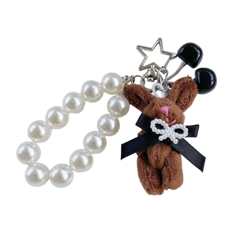 Adorable Rabbit Cherry Charm Keychain With Imitation Pearls Detachable Phone Strap Bag Accessories For Girls