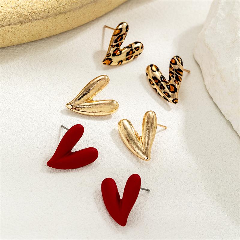 6PCS Minimalist Red Love Heart Stud Earrings for Women Girl Gold Color Metal Geometric Earrings Aesthetic Party Jewelry Gifts