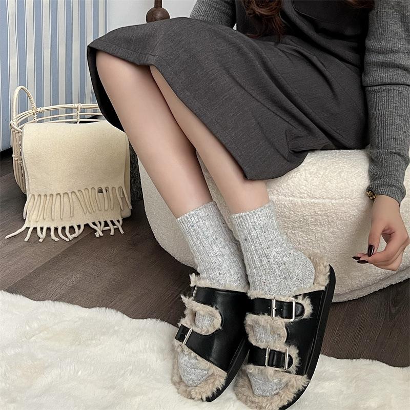 Autumn and Winter Wool Dot Yarn Socks, Women's Mid-calf Socks, Thickened Warm Vertical Striped Pile Socks, Home Sleep Socks