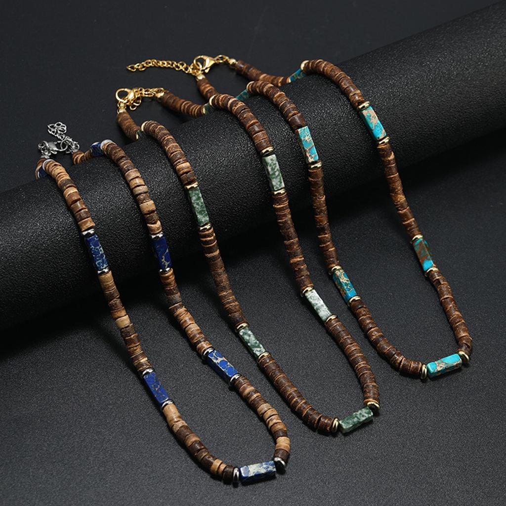 Retro Halskette Kreativer Trendiger Halsschmuck Aus Braunen Kokosnussschalenholzperlen Und Natursteinanhänger