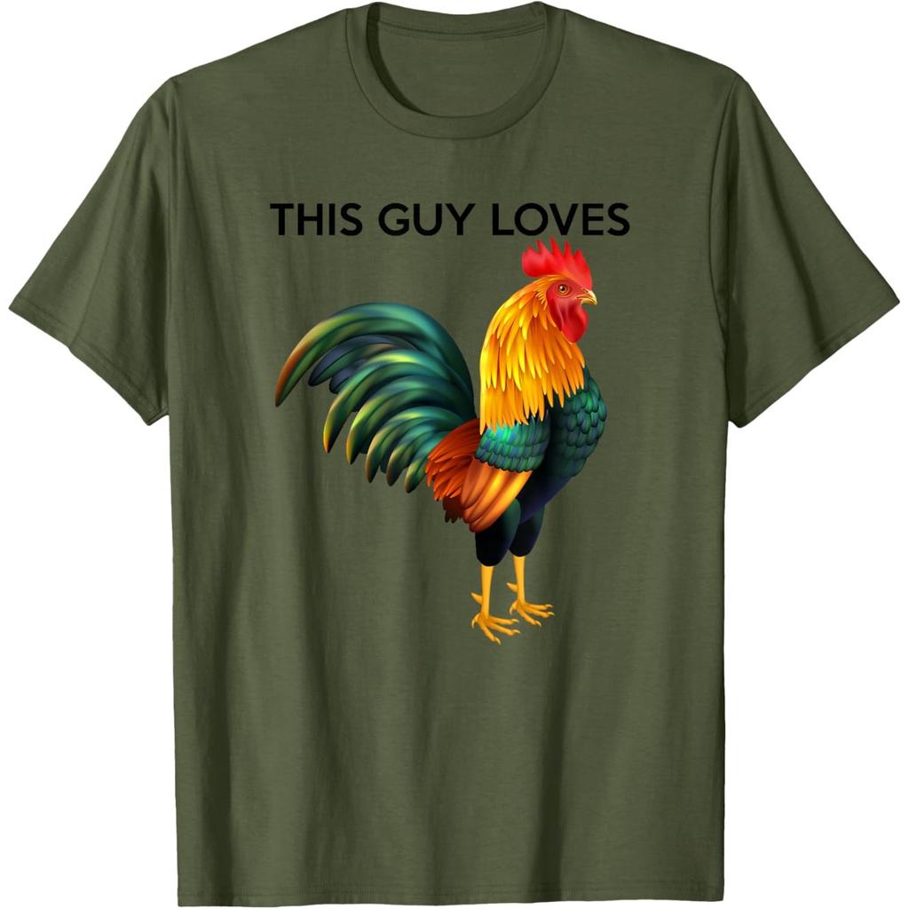 Funny Rooster Graphic Tee This Guy Loves Chicken Print Casual Cotton T-Shirt