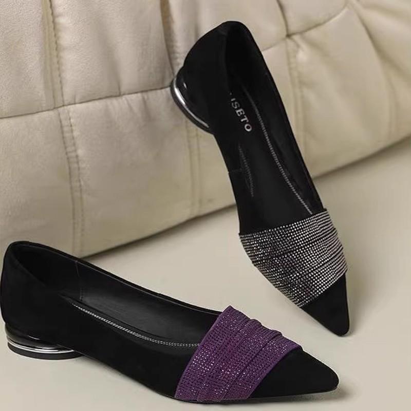 European Station 2025 Spring and Summer New Temperament French Pointed Rhinestone Low Heel Word with Shallow Mouth Versatile Single Shoes Women