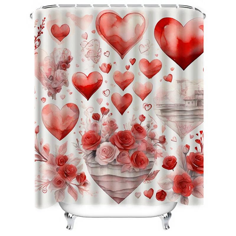 Romantic Red Heart & Rose Shower Curtain - Waterproof, Mildew-Resistant, Machine Washable for Valentine's Day Bathroom Decor