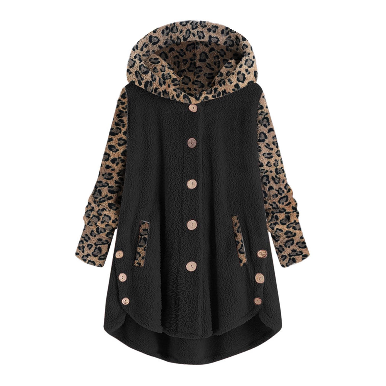 Women s Fashion And Winter Buttoned Long Sleeve Leopard Print Patchwork Hooded Plush Jacket XXL