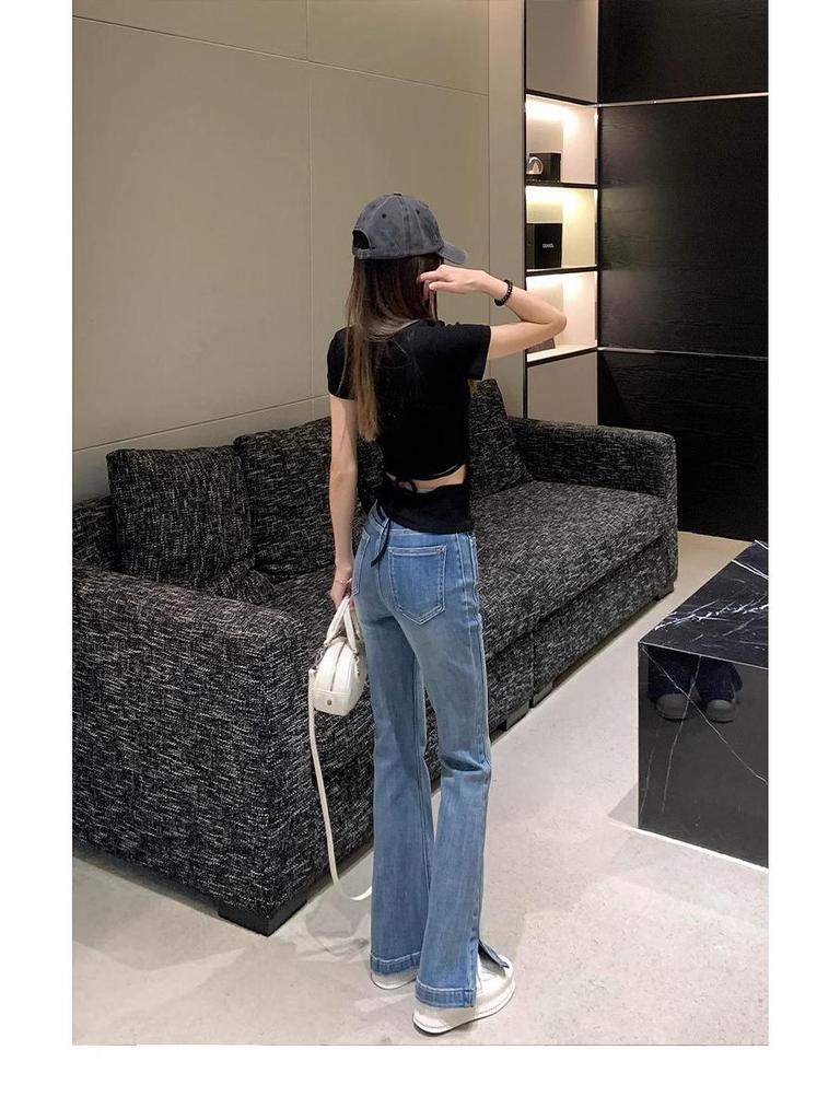 Wiosna/Lato Influencer Elastyczne Dżinsy Flare z Wysokim Stanem z Rozcięciem Szeroka Nogawka - Petite Odzież Codzienna