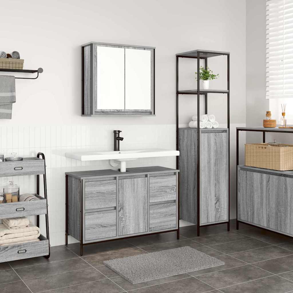 Bathroom Furniture Set with Shelf 2 Pcs Grey Sonoma and Black