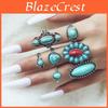Vintage Ethnic Style Alloy Leaf Ring Set With Turquoise Inlay Fashionable And Unique 8-piece Ring Set