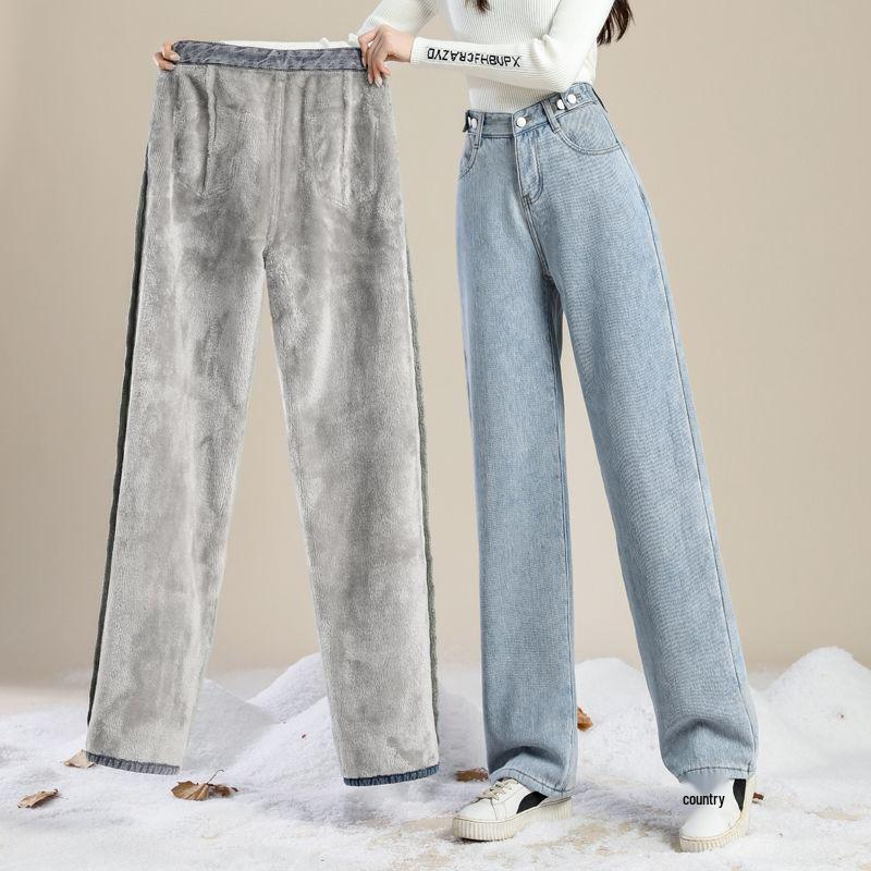Women's Light Blue Fleece-Lined High-Waisted Wide-Leg Jeans - Winter Thickened for a Loose, Slimming Fit with Trendy Design.