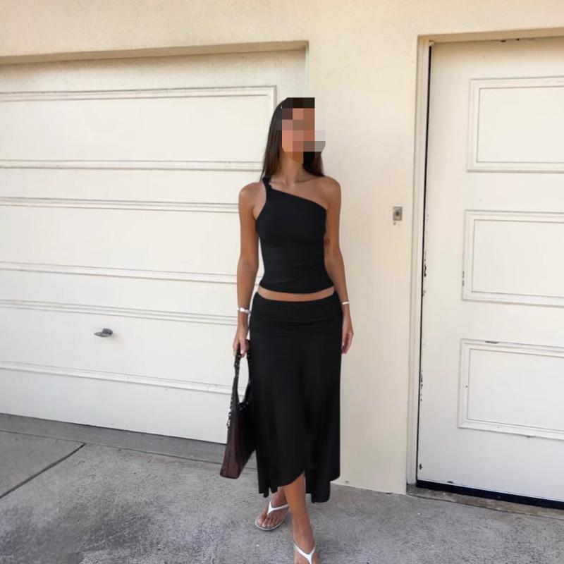 European and American women's solid color slanted shoulder sleeveless crop top, high waist pleated skirt two-piece set