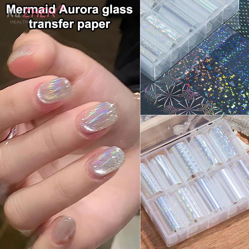 6/10 Rolls Laser Starry Sky Transfer Foils Aurora Glass Paper Foil Nail Sticker For Gel & Cat Eye Polish Transfer Decals DIY Nai